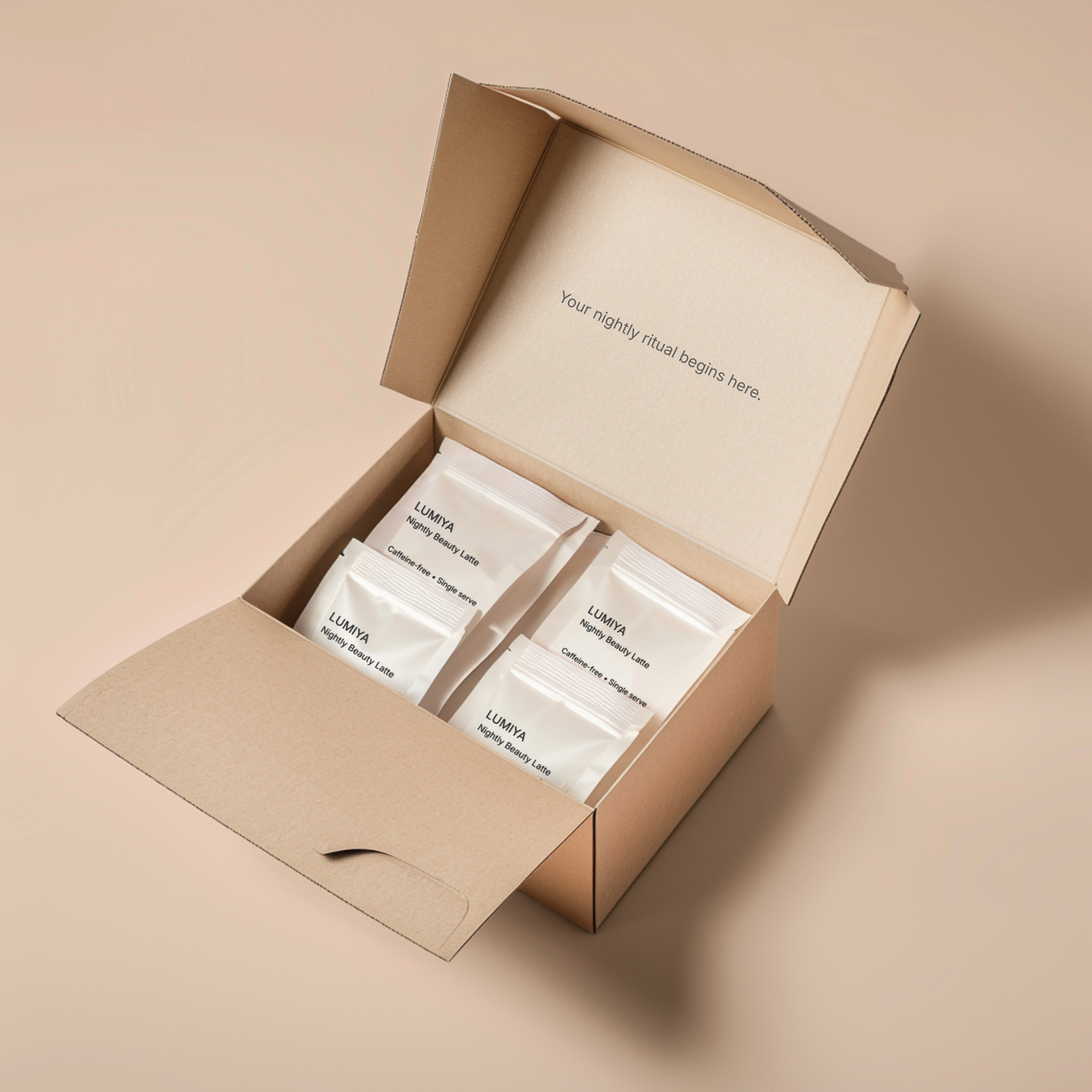 Open box of Lumiya Nightly Beauty Latte sachets showing multiple nightly servings

