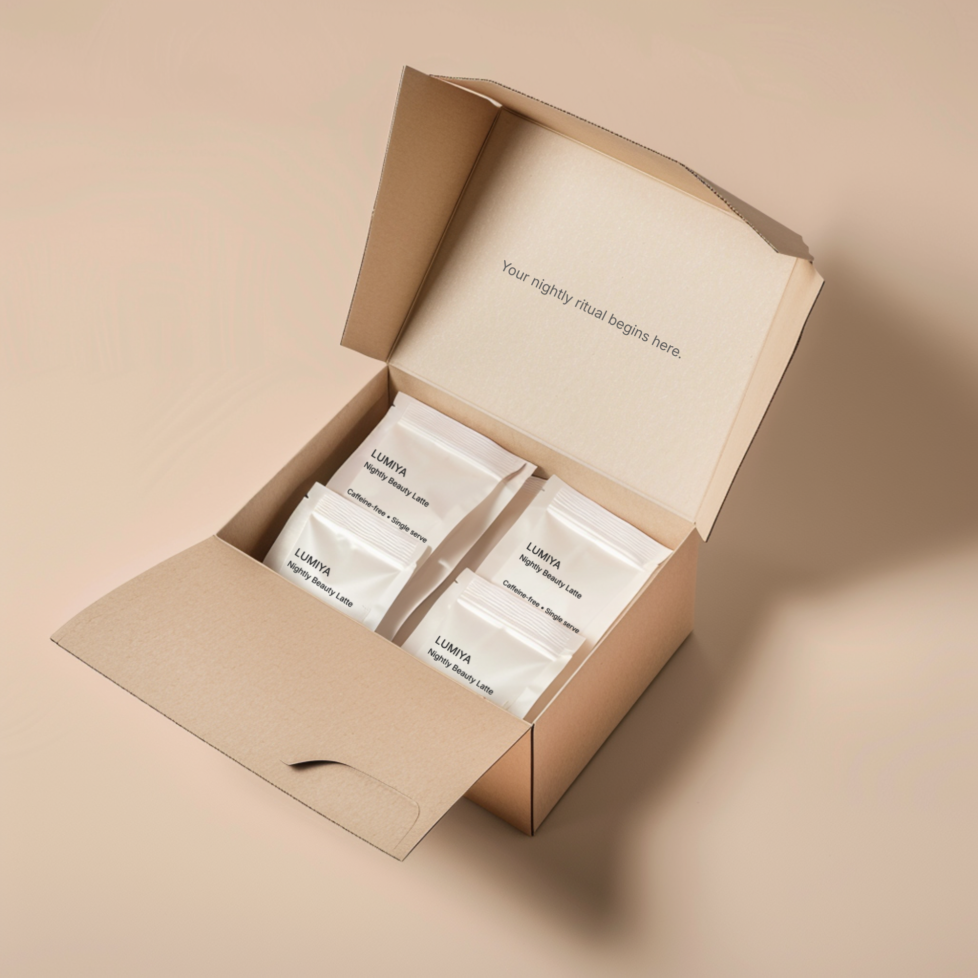 Open box of Lumiya Nightly Beauty Latte sachets showing multiple nightly servings
